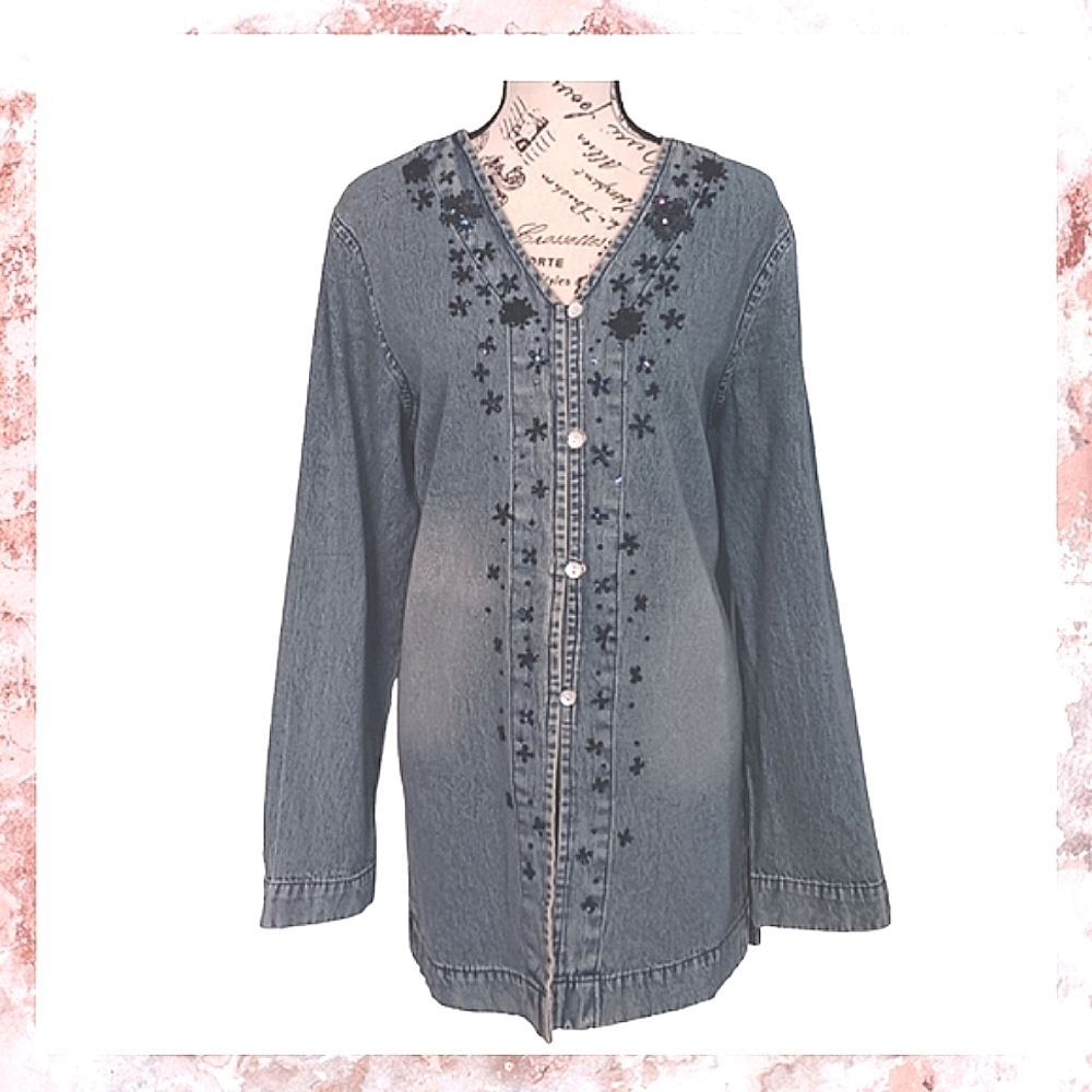 Vintage 90s Jeanology Denim Long Length Sequin Jean Jacket Size 14